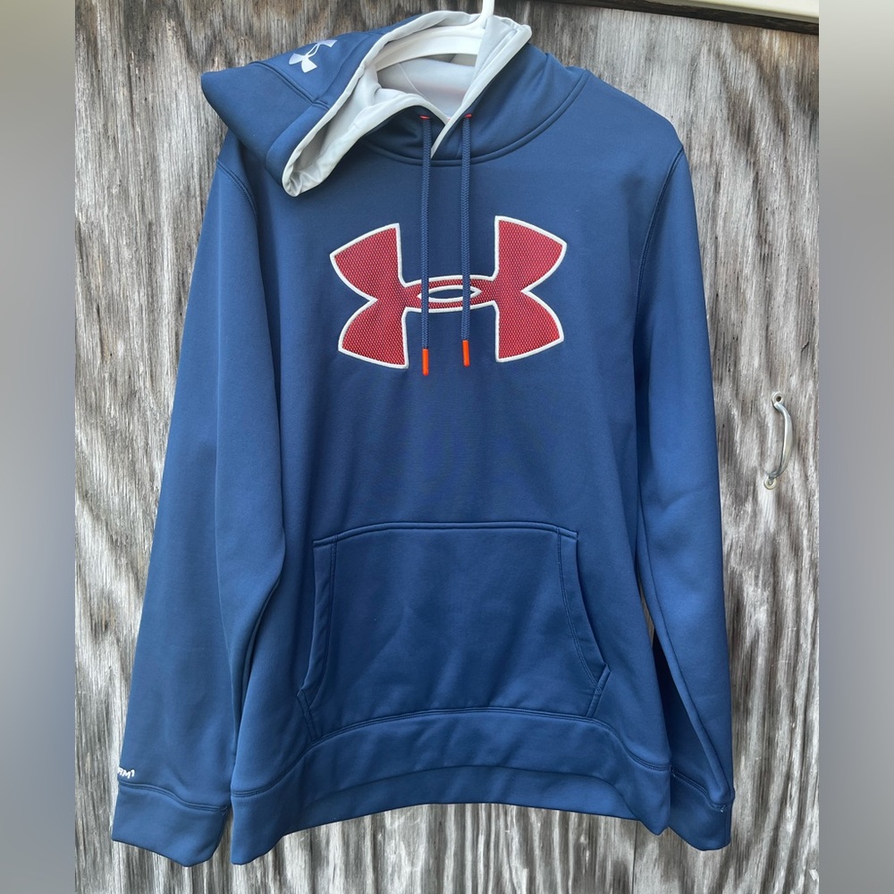 Under Armour Unisex Blue and Red Logo Hoodie XL loose